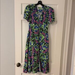 Hunter Bell Vibrant Floral Midi Dress - Green, Blue, Pink